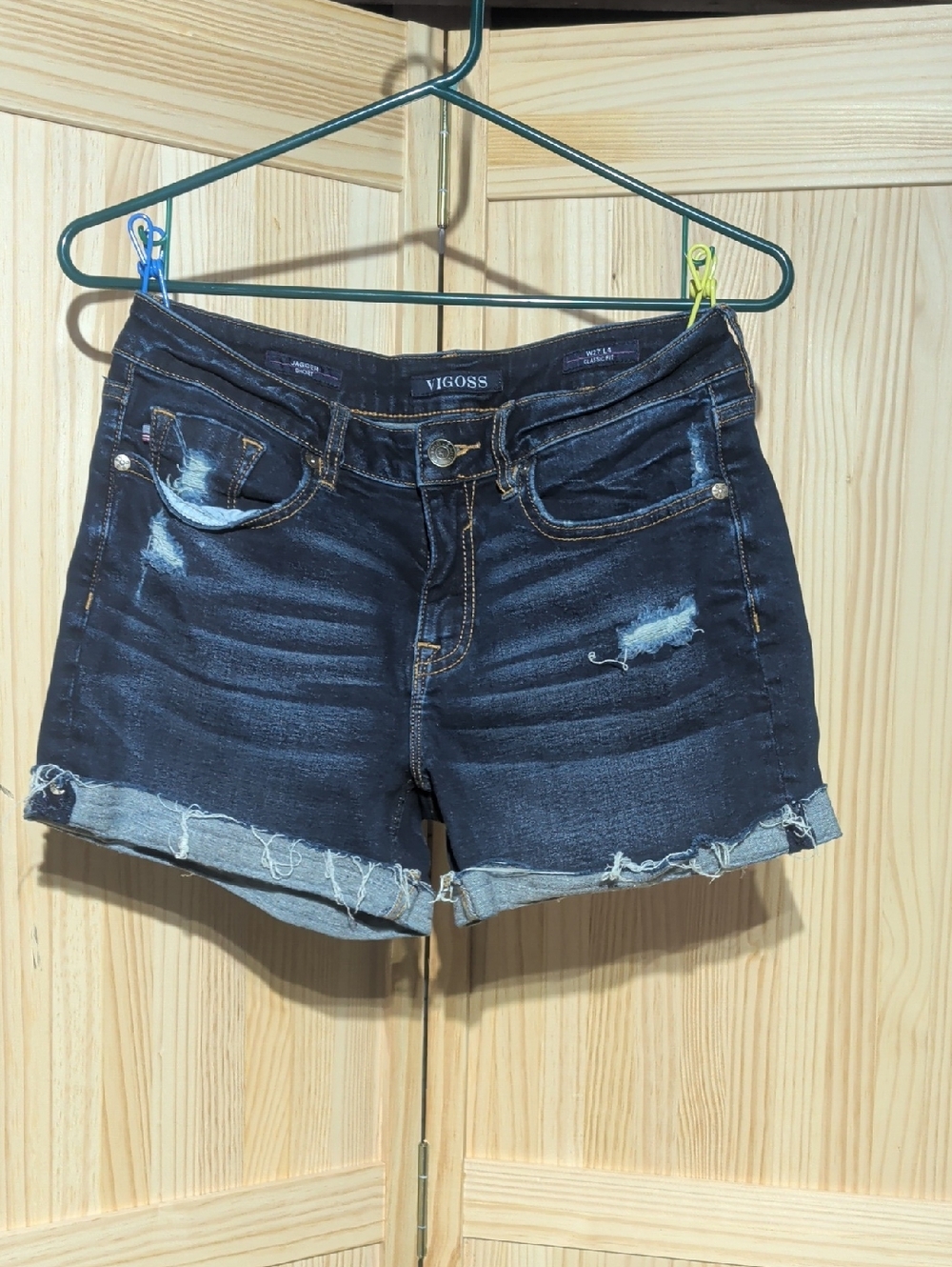 Vigoss Women's Dark Wash Distressed Jean Shorts - Navy Blue